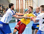 11.09.2015, Krems, Handball, Handball Liga Austria, HLA, GD, UHK Krems - HC Bruck,<br>ROMERO RODRIGUEZ Angel, NEUHOLD Christoph, DIMITRIJEVIC Ivan<br><br>Copyright DIENER / Zierlinger<br>Marktgasse 3-7 / 4 / 5 / 21<br>A-1090 Wien<br>Telefax +43 1 955 32 35<br>Mobil +43 676 629 98 51<br>BA-CA<br>Bank Nr. 12000<br>Account Nr. 00712 223 783<br>e-mail: agentur@diener.at<br>Datenbank: www.diener.at